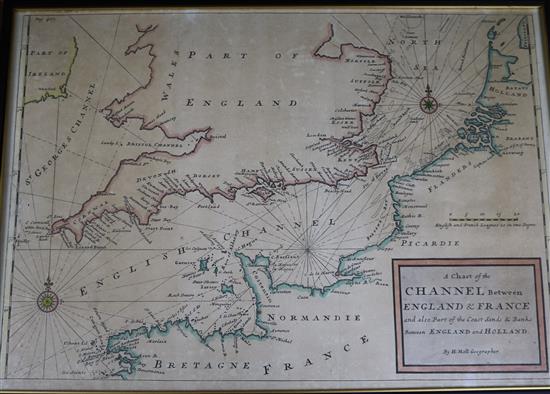 H. Mol, coloured engraving, a chart of the channel between England and France, 30 x 42cm,